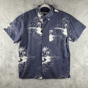Katin Linen Blend Button Shirt Navy Palm Mens Medium Beach Summer Short Sleeve